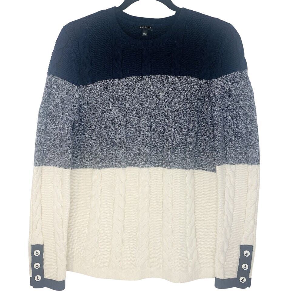 TALBOTS Cable Knit Sweater S Blue Stripe Crewneck Pullover Cotton Fisherman EUC